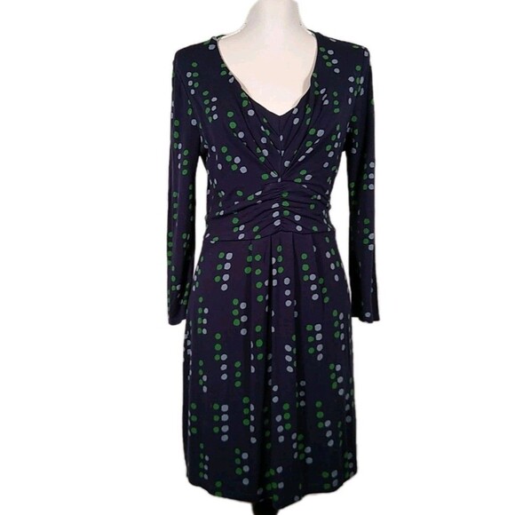 BODEN V Neck Slim Fit Ruched Front Long Sleeve Knee Length Navy Blue W/Dots 8 M - Picture 1 of 8